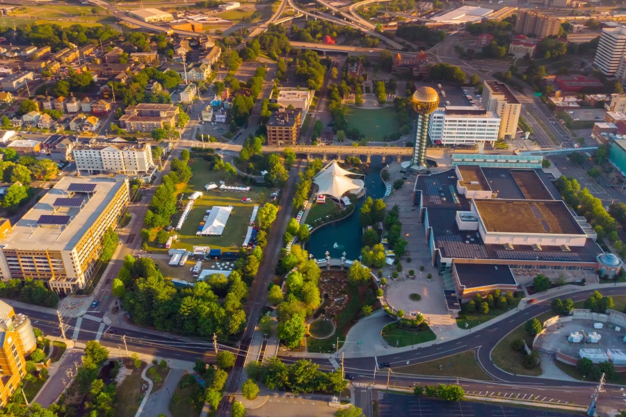 Tennessee - Aerial View of the World Fair Park in Knoxville Tennessee in the Morning with Sun Sphere